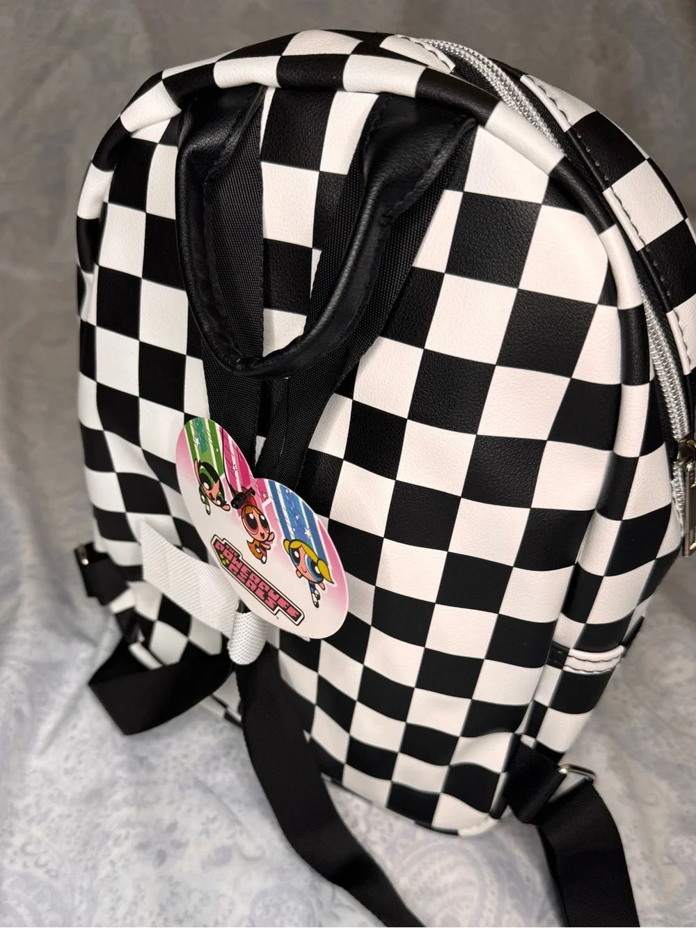 Powerpuff Girls Faux Pebbled Leather Black & White Check Mini Backpack